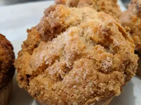 Close-up of a freshly baked muffin from Makepeace Farms bakery