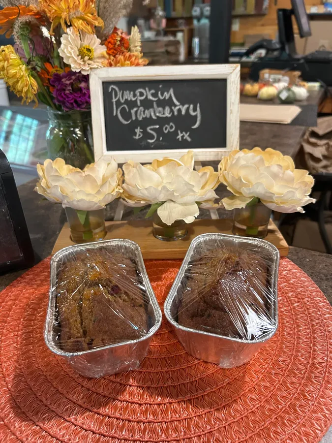 Pumpkin cranberry bread loaves fresh from the Makepeace Farms bakery