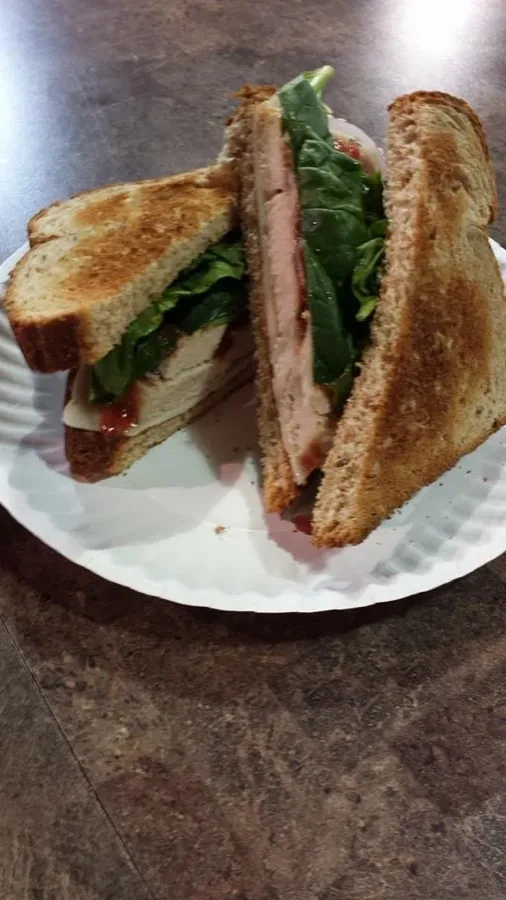 Toasted turkey sandwich with spinach at Makepeace Farms cafe
